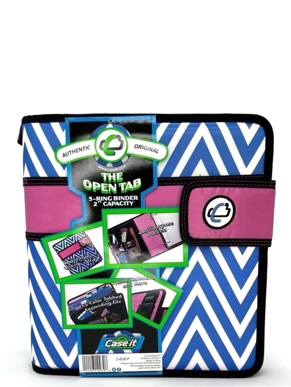 Case-It “The Open Tab” 2” Three Ring Binder Blue & White Chevron w/Pink New NWT